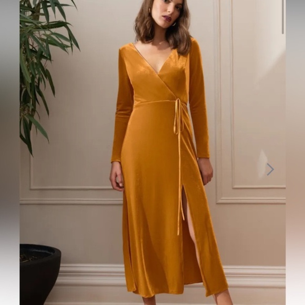 NWOT Jenny Yoo Golden Mustard Velvet Wrap Midi Dress - REPOSH